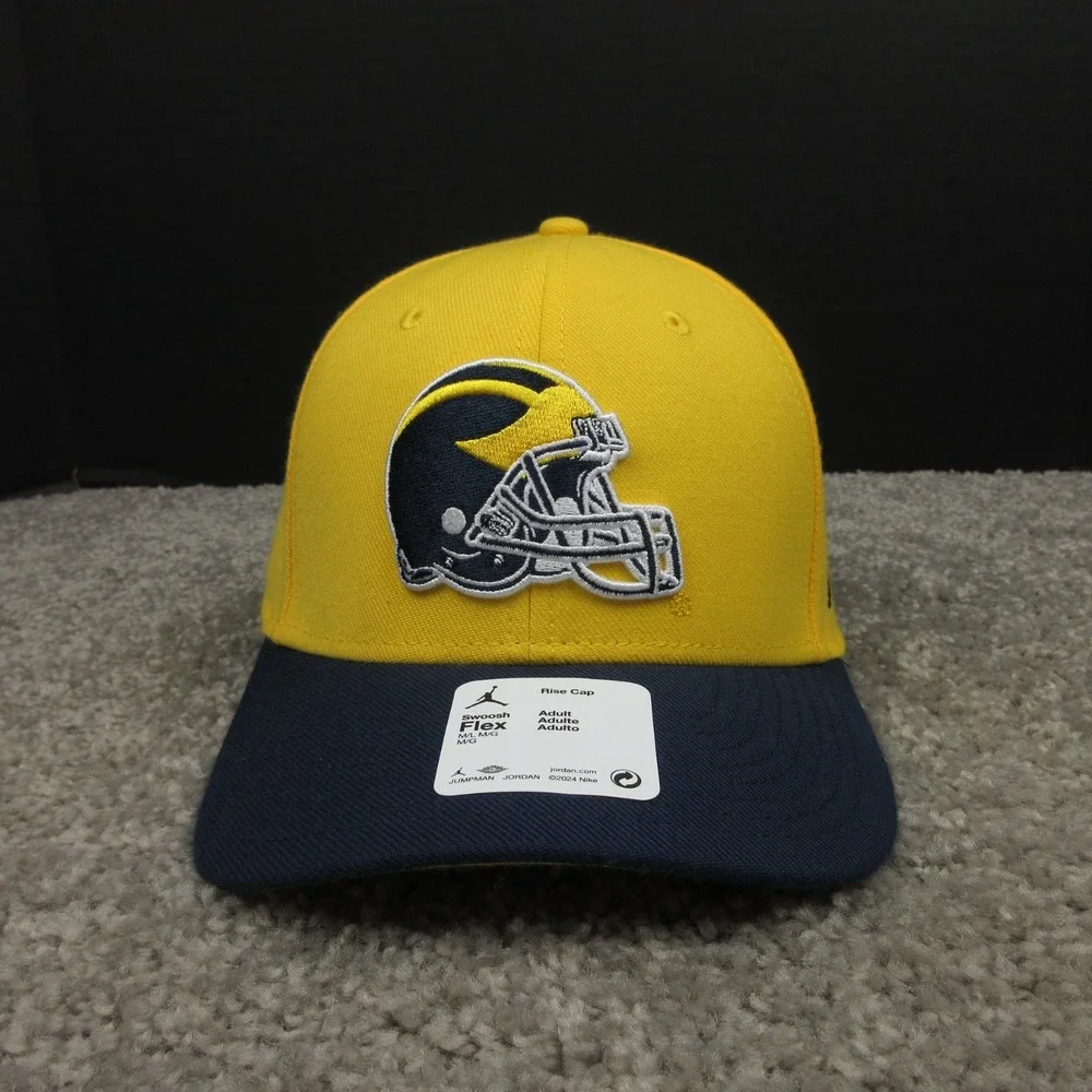 Michigan Wolverines Hat Cap Mens Fitted Medium Large Yellow Helmet Logo Jordan